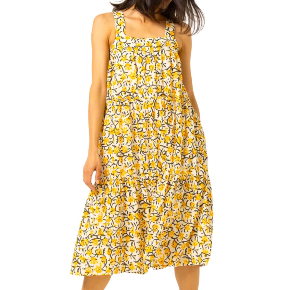 Lilla P Peplum Seam Tank Midi Dress in Gold Print Size XS NWT